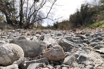 Winter dry rocky river bed in California.