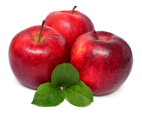 Red apples with leaves isolated on white background