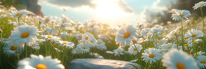 White daisies bloom in the meadow. 3d render - obrazy, fototapety, plakaty