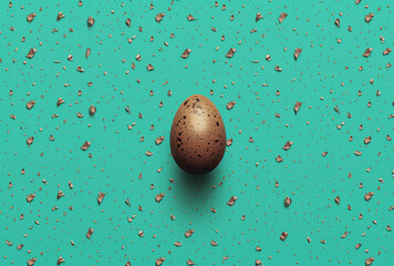Artistic quail egg on turquoise surface with cocoa powder sprinkles, ideal for culinary blogs and Easter celebration themes - obrazy, fototapety, plakaty