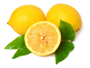 Collection lemon whole and slice with leaves isolated on white background