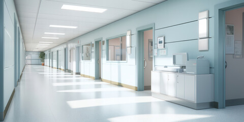 Modern Clinical Corridor: A Bright, Clean, and Professional Interior Perspective of a Hospital Hallway