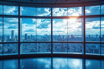 large office windows overlooking a large city, zoom background, office background, video call background - obrazy, fototapety, plakaty