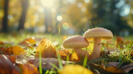 beautiful closeup of forest mushrooms in grass, autumn season. little fresh mushrooms, growing in Autumn Forest. mushrooms and leafs in forest. Mushroom picking concept. Magical with ray sunlight