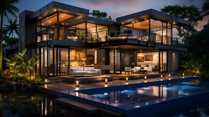 Luxury container home designed to 2023 International Residential Codes and Honolulu Land Use Ordinances and Housing Codes with electrical, structural, mechanical and architectural details and componen - obrazy, fototapety, plakaty