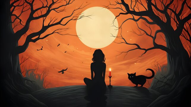 Vintage halloween greeting card of a young woman with black hair and a black cat under the moon, witch, retro