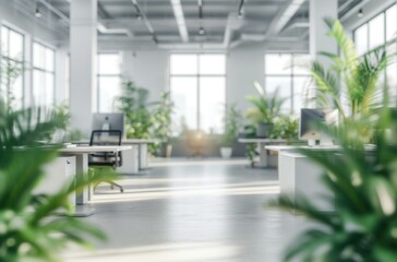 blurred office space and office plants on white walls, zoom background, video call background - obrazy, fototapety, plakaty