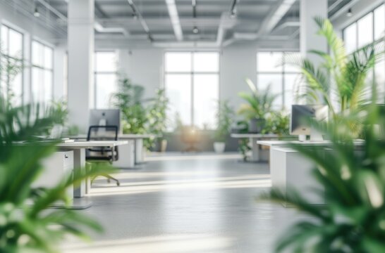 Blurred Office Space And Office Plants On White Walls, Zoom Background, Video Call Background