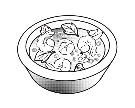  Tacaca is a Brazilian soup of indigenous origin typical of the Amazon. Soup prepared with tucupi broth, cassava starch, jambu and shrimp. black and white design. Vector illustration