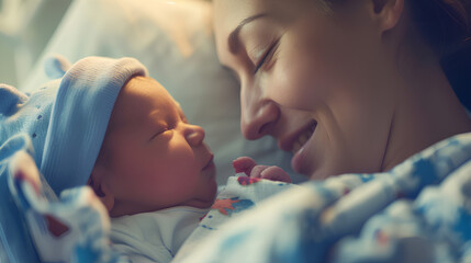 A mother looks overjoyed at her newborn son.