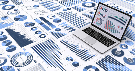 ビジネスデータを表示するノートPCと様々なグラフやチャート、ビジネスデータを分析・検討するイメージ - obrazy, fototapety, plakaty