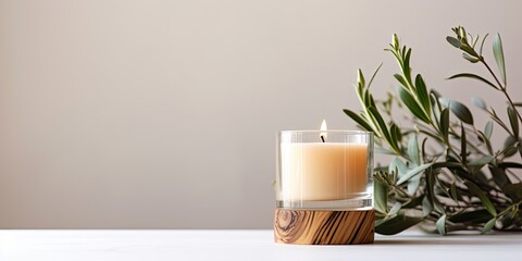 Wooden-wicked scented candle in glass. Minimal home decoration.