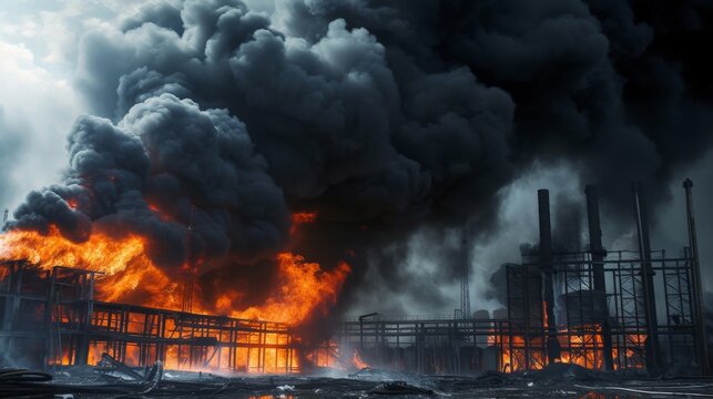 Factory fire burning with black smoke