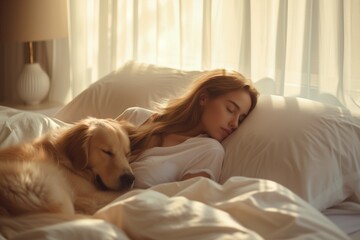 A young female person and their golden retriever enjoying a peaceful sleep together in a sunlit bedroom