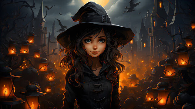 halloween background with a witch dressed in black in cartoon style