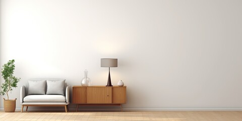 Living room wall mockup with furniture and lights on white wall background and wooden floor. - Powered by Adobe
