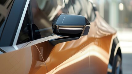 A closeup of the side mirror showcases its motorized folding function allowing the mirror to...