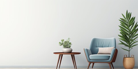 Fototapeta na wymiar Modern living room interior design with armchair, sofa, plants, painting, wooden furniture, side table, and elegant accessories. Template with copy space.