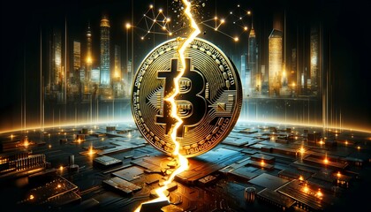 Bitcoin breaking in half with explosion, symbolizing the end of BTC and halving concept of 2024