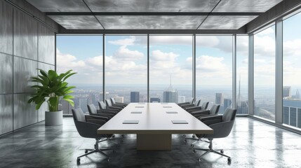 Fototapeta na wymiar Interior of stylish office meeting room with concrete floor, panoramic window with cityscape and long conference table with gray chairs