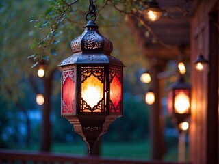 Beautiful Islamic lantern in natural background, AI generative