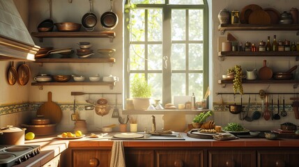 Wide Shot of an Empty Cosy Kitchen Decorated with Indian Style. Stylish Traditional South Asian Home with Utensils and Wide Window Letting the Spring Warmth and Light in. Vintage Warm Aesthetic - obrazy, fototapety, plakaty
