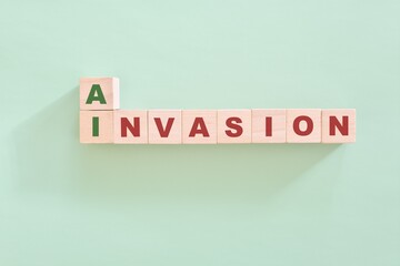 AI or artificial intelligence invasion and dominance concept. Crossword puzzle flat lay typography in green background.