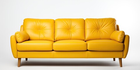 Front view of a white background 3-seat yellow leather sofa.