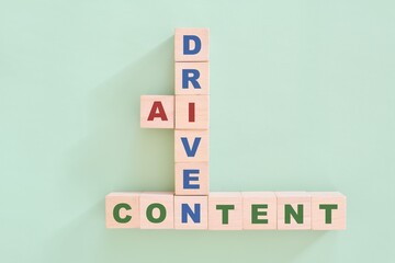 AI or artificial intelligence driven content concept. Crossword puzzle flat lay typography in green background.