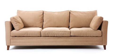 Beige fabric sofa on white background with three seats.