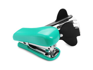 New bright stapler and staple remover isolated on white