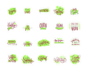 Hand drawn vegetarian lettering, handwriting and typography vector set illustration