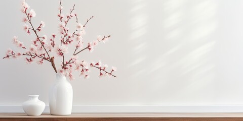 Scandinavian minimal design with white room, sakura in vase, wooden table, and spring decoration ideas.