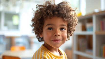 School portrait of a young happy child smiling in a classroom