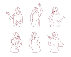 Various behavior pose happy expression woman character. Hand drawn line art doodle style vector design illustrations.