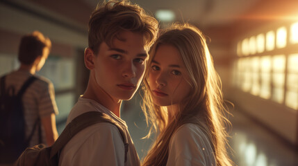 A young teenage couple in the school hallway
