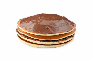 Tasty pancakes with chocolate paste isolated on white