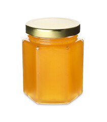 Tasty honey in glass jar isolated on white