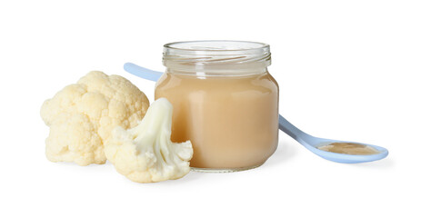 Tasty baby food in jar, spoon and fresh cauliflower isolated on white
