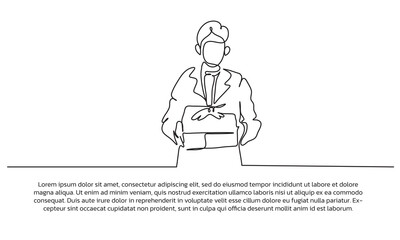 Continuous line design of a young man carrying a gift box. Single line decorative elements drawn on a white background.