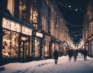 Christmas shops in the snow, city, at night, decoration, lights, people walking, shopping, cozy, street.
