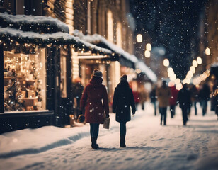 Obraz premium Christmas shops in the snow, city, at night, decoration, lights, people walking, shopping, cozy, street. 