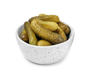 Tasty pickled cucumbers in bowl isolated on white