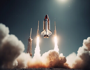  A rocket launching into space, detailed, realistic, smoke, fire, cinematic, space, stars
