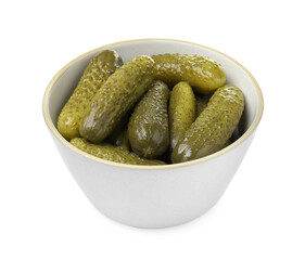 Tasty pickled cucumbers in bowl isolated on white
