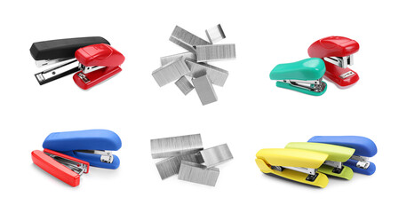 Different colorful staplers and fasteners isolated on white, collection