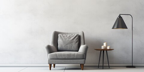 Grey armchair and lamps near white wall, with stylish design.