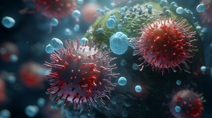 Fototapeta premium Digital illustration of red virus particles and a blue drug capsule, medical concept.