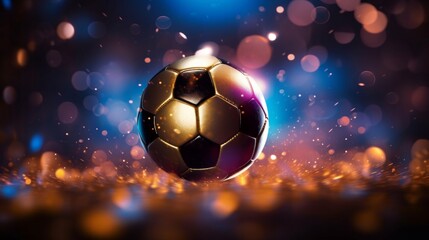 Naklejka premium A digital illustration of a soccer ball with a radiant glow and sparkling bokeh lights, evoking excitement and energy.
