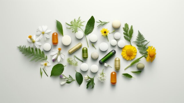 A seamless blend of nature and medicine, with herbal leaves and pharmaceutical capsules laid out on a white background.